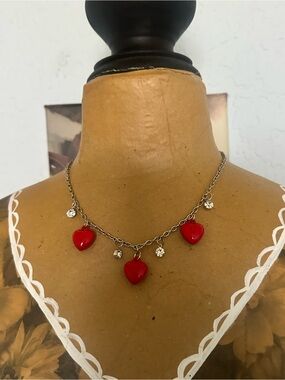 Red Heart Pendant Necklace with Rhinestone Accents